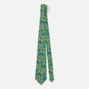 Octopus Design Neck Tie - Gold Türkis Krawatte