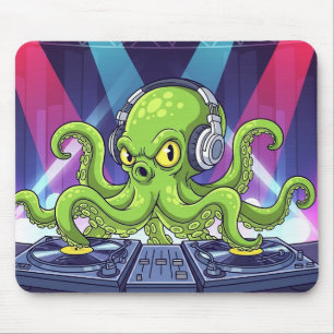Octopus DJ mit Plattenspielern – Neon-Party-Cartoo Mousepad