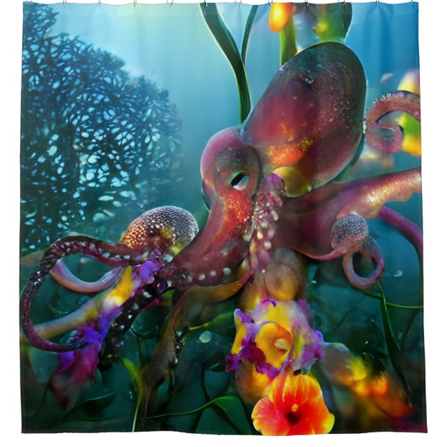 Octopus Garden Colorful Tropical Blue Undersea Duschvorhang (Vorderseite)