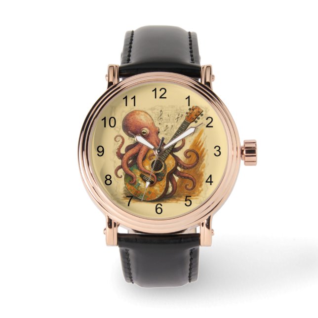 Octopus Gitarre spielen Vintage Musik Kunst Armbanduhr (Vorderseite)