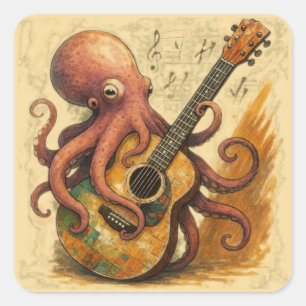 Octopus Gitarre spielen Vintage Musik Kunst Quadratischer Aufkleber