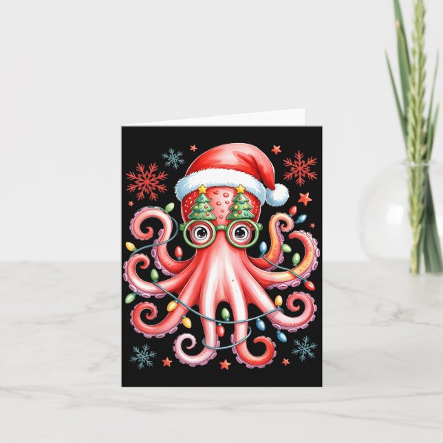 Octopus Gles Santa Hat Christmas Light Ocean Anima Karte (Vorderseite)