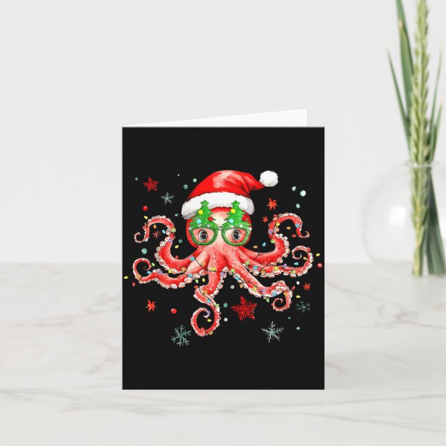 Octopus Gles Santa Hat Christmas Light Ocean Anima Karte (Vorderseite)