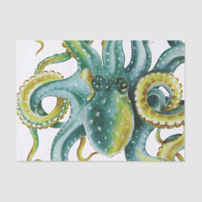 Octopus Green Tentacles Wasserfarben Kunst, Dichtu Seidenpapier (Vorderseite)