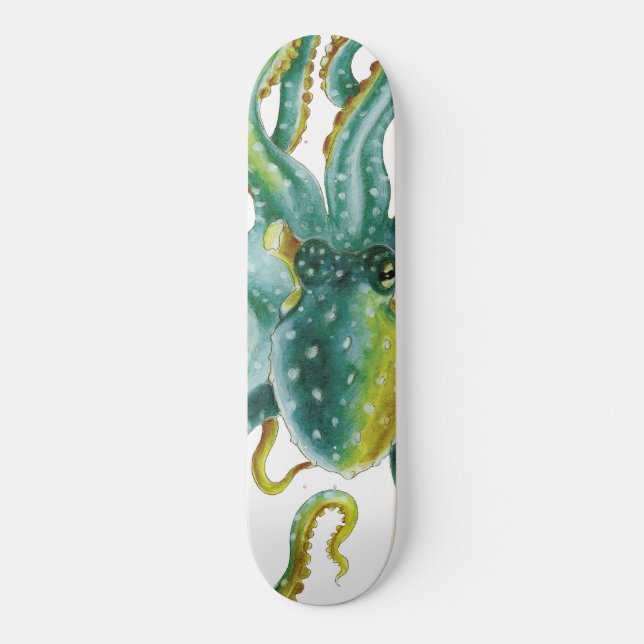 Octopus Green Tentacles Wasserfarben Kunst, Dichtu Skateboard (Vorderseite)