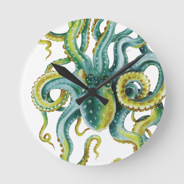 Octopus Grüne Wasserfarben Kunst Runde Wanduhr (Vorderseite)