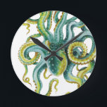Octopus Grüne Wasserfarben Kunst Runde Wanduhr<br><div class="desc">Oktopuskunst</div>