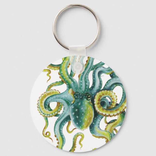 Octopus Grüne Wasserfarben Kunst Schlüsselanhänger (Vorderseite)