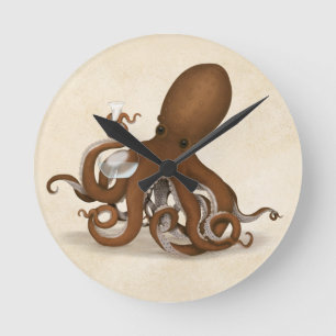 Octopus Holding Chemical Flask Steampunk Science Runde Wanduhr