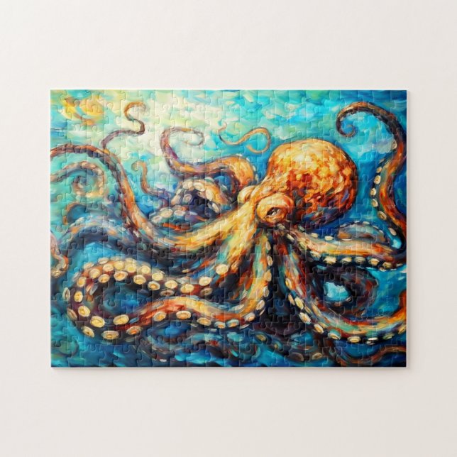 Octopus in Swirling Ocean Oil Painting Puzzle (Horizontal)