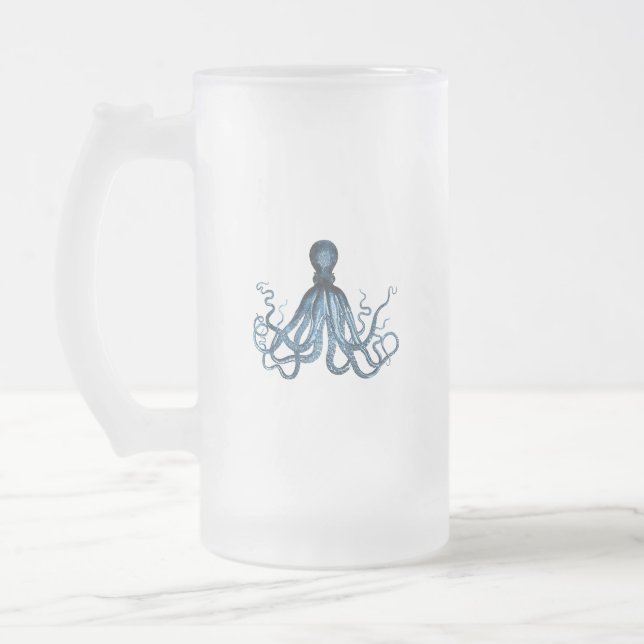 Octopus kraken nautischer Küstenstrand Blau Mattglas Bierglas (Links)