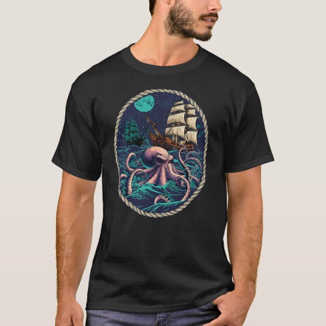 Octopus Kraken Pirate Ship - Buccaneer Freebooter T-Shirt (Vorderseite)