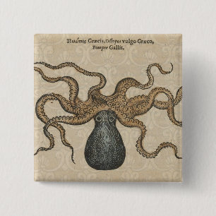 Octopus Kraken Vintag Illustration Button