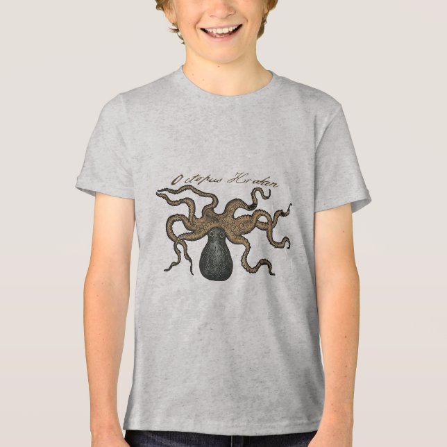 Octopus Kraken Vintag Illustration Tri-Blend Shirt (Vorderseite)