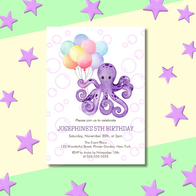 Octopus Lila Blase Bunte Ballon Geburtstag Einladung (Von Creator hochgeladen)
