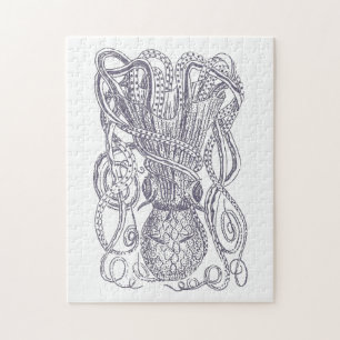 Octopus Line Art Zeichne Blockdruck in Lila Puzzle