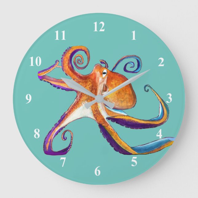 Octopus Meereswelt Aquarellkunst Große Wanduhr (Vorderseite)