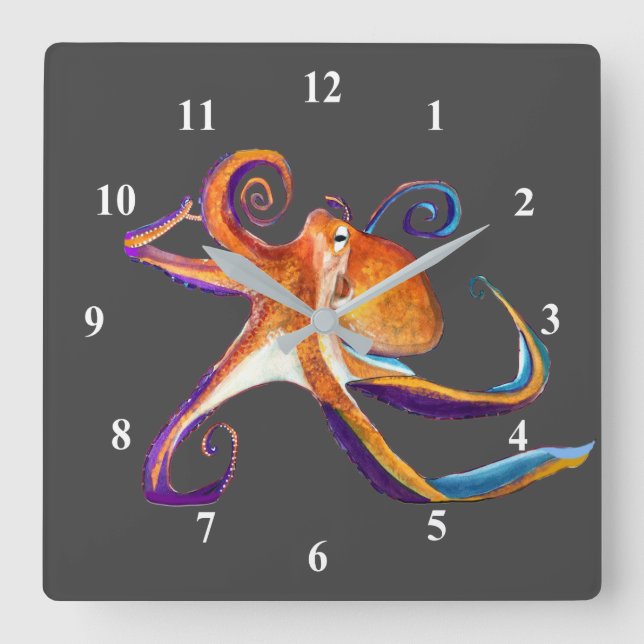 Octopus Meereswelt Aquarellkunst Quadratische Wanduhr (Vorderseite)