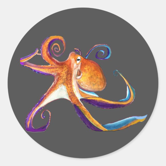 Octopus Meereswelt Aquarellkunst Runder Aufkleber (Vorderseite)