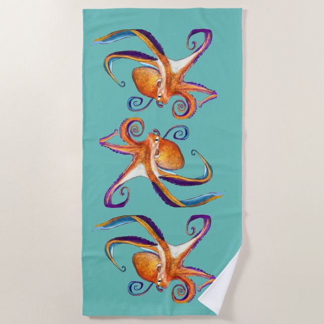Octopus Meereswelt Aquarellkunst Strandtuch (Vorderseite)