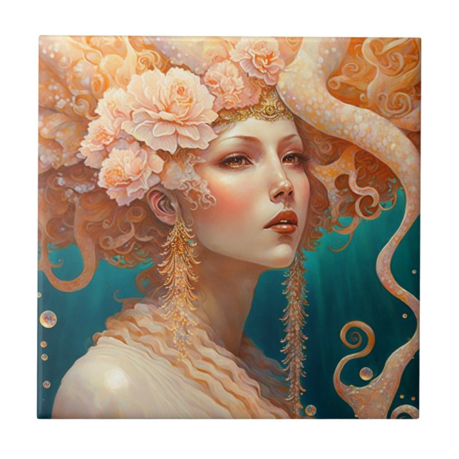 Octopus Mermaid Fantasy Art Fliese (Vorderseite)
