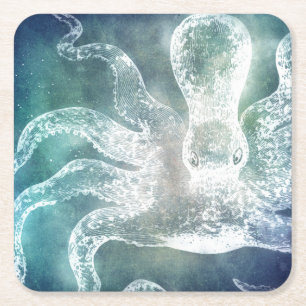 Octopus Mitternacht Blau Aquamarine Wasserfarbe Vi Rechteckiger Pappuntersetzer