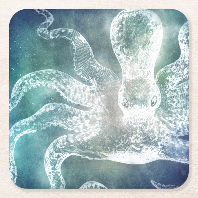 Octopus Mitternacht Blau Aquamarine Wasserfarbe Vi Rechteckiger Pappuntersetzer (Vorderseite)