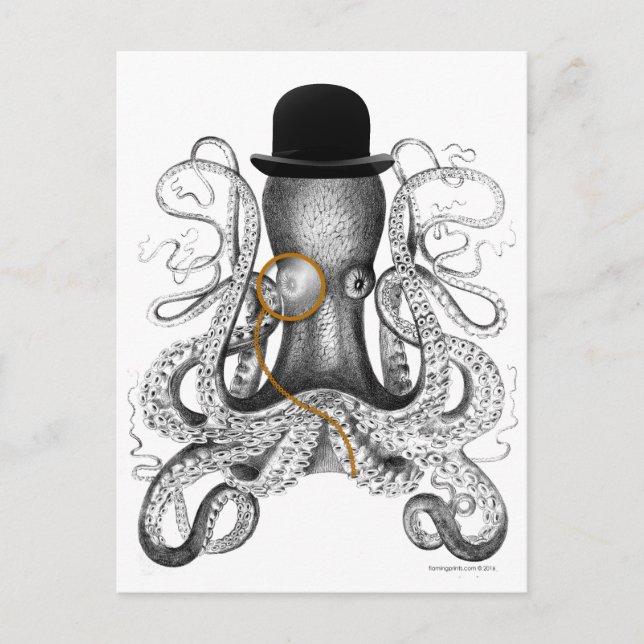 Octopus Monocle Bowler Hat Neugier Postkarte (Vorderseite)
