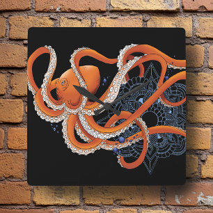 Octopus Orange Mandal Blue Quadratische Wanduhr