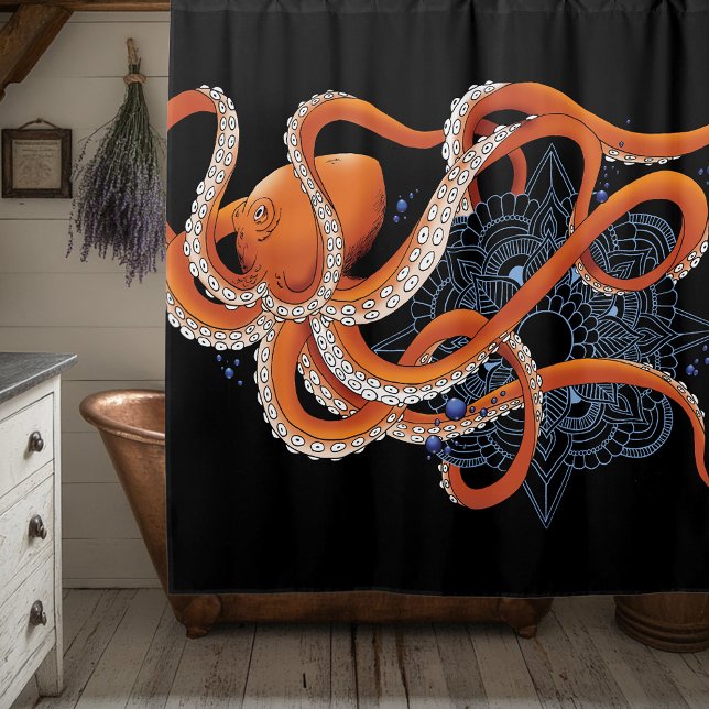 Octopus Orange Mandala Blue Duschvorhang (Von Creator hochgeladen)