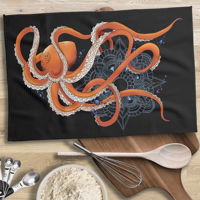 Octopus Orange Mandala Blue Geschirrtuch (Von Creator hochgeladen)