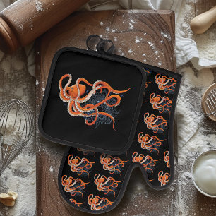Octopus Orange Mandalla Blue Ofenhandschuh & Topflappen-Set