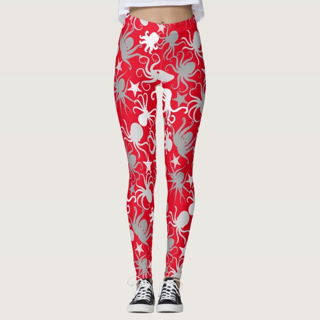 Octopus Pattern.b Red BG Leggings (Vorderseite)