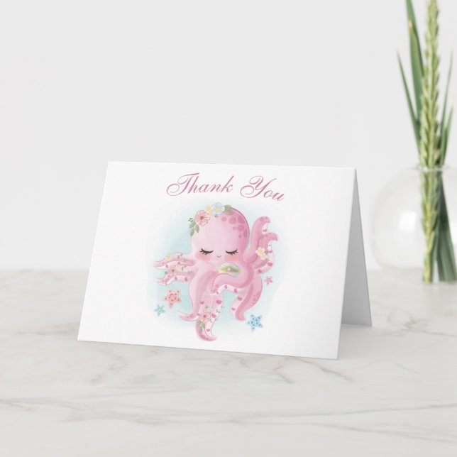 Octopus Pink Watercolor Girl Babydusche Danke Karte (Vorderseite)