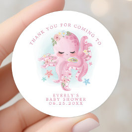 Octopus Pink Watercolor Girl Babydusche Danke Runder Aufkleber