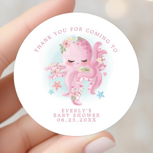 Octopus Pink Watercolor Girl Babydusche Danke Runder Aufkleber