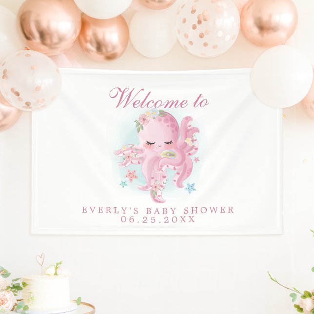 Octopus Pink Watercolor Girl Babydusche Willkommen Banner (Von Creator hochgeladen)