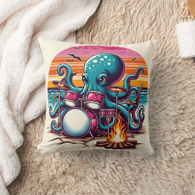 Octopus Playing Drums by Campfire on Sunset Kissen (Decke)