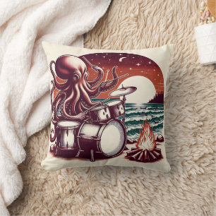 Octopus Playing Drums by Campfire - Sonnenuntergan Kissen