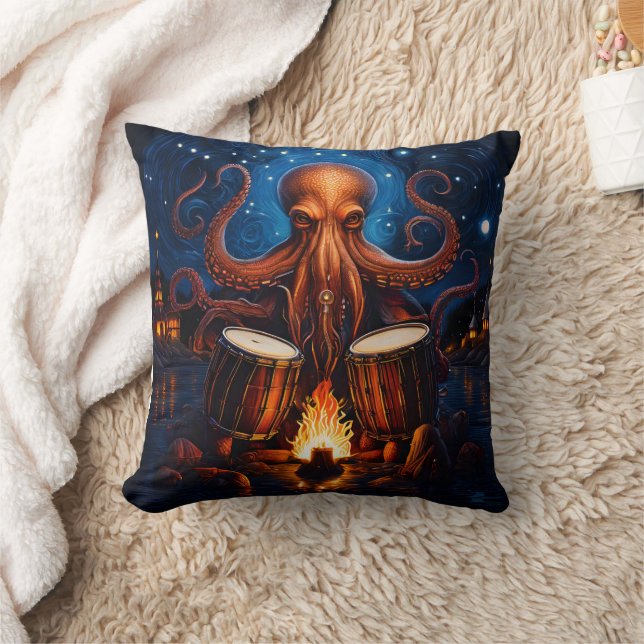 Octopus Playing Drums by Campfire Under Starry Sky Kissen (Decke)