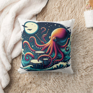 Octopus Playing Drums under Moonlit Sky Kissen