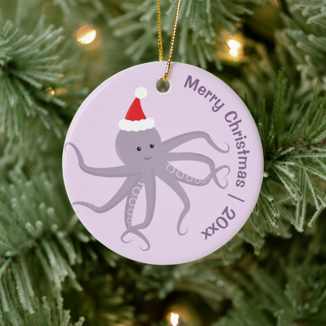 Octopus Santa Lila Frohe Weihnachten Keramik Ornament (Baum)