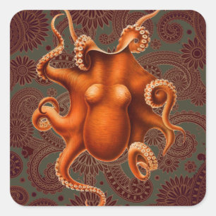 Octopus Sea Monster Kreatur Cephalapod Vintag Quadratischer Aufkleber