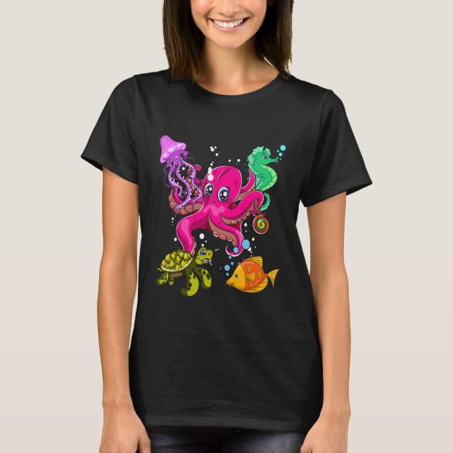 Octopus-Seepferd-Quallen-Qualle Niedlich Animan T-Shirt (Vorderseite)
