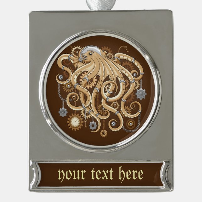 Octopus Steampunk Surreal Retro Style Machine Banner-Ornament Silber (Vorderseite)