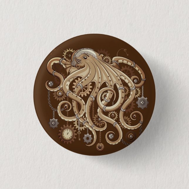 Octopus Steampunk Surreal Retro Style Machine Button (Vorderseite)