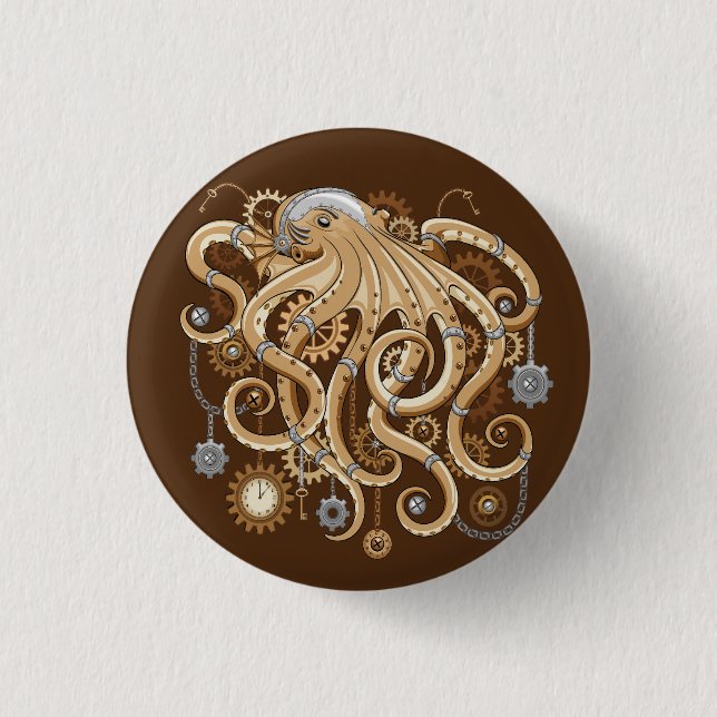 Octopus Steampunk Surreal Retro Style Machine Button (Vorderseite)