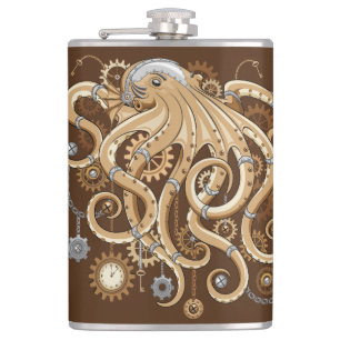 Octopus Steampunk Surreal Retro Style Machine Flachmann