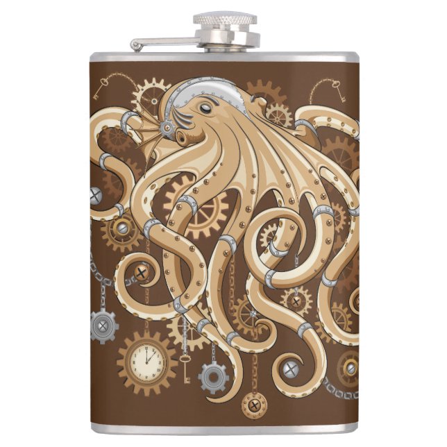 Octopus Steampunk Surreal Retro Style Machine Flachmann (Vorderseite)
