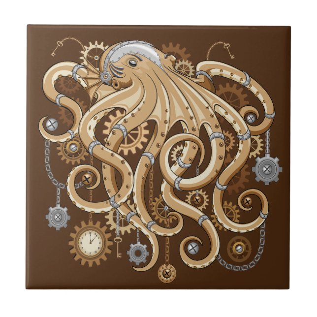 Octopus Steampunk Surreal Retro Style Machine Fliese (Vorderseite)